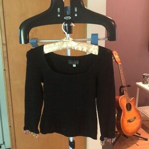 Annie B crop top S/XS knit black 3/4 sleeves hippie beads boho